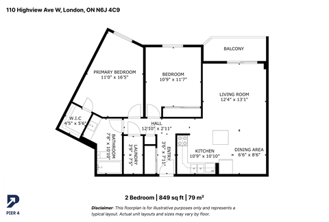 Floor plan for 2 beds, 1 bath